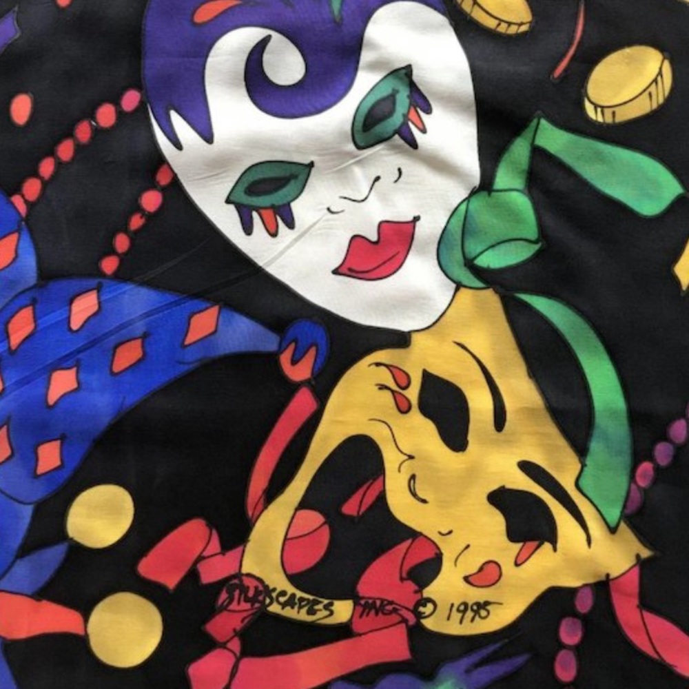 Y2K Vntg 90s signed Silk Scapes scarf Mardi Gras Halloween Carnival New Orleans